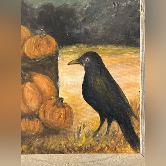 OIL PAINTING Harvest Moon Crow And Pumpkin Art Reclaimed Barn-wood Holiday Fall - Picture 3 of 10